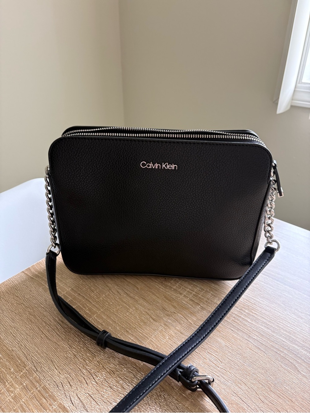 Calvin Klein Black Pebbled Leather Crossbody with Chain Strap